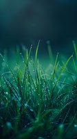Fresh morning dew drops glistening on green grass blades against dark background, creating magical natural macro photography effect in garden setting.