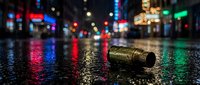 Discarded metal bottle cap lies on wet urban street at night with colorful neon lights and bokeh reflections, suitable for urban decay and city nightlife concepts.