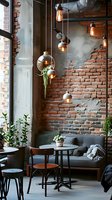Modern industrial cafe interior with exposed brick wall, hanging glass pendant lights, and cozy seating area featuring plants and soft textiles for urban hospitality spaces.