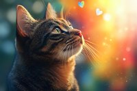 Tabby cat looking up at magical rainbow light with hearts and bokeh effects, close-up portrait showing whiskers and golden eyes against colorful dreamy background.