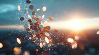 Magical glowing particles and bokeh lights floating in turquoise sunset sky with lens flare effect, creating dreamy atmospheric background.