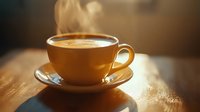 Steaming yellow coffee cup with latte art on wooden table in warm morning sunlight, creating cozy atmosphere with rising steam and golden glow.