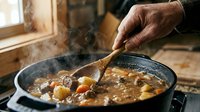 Elderly hands stirring hearty vegetable stew in cast iron skillet with wooden spoon. Traditional home cooking scene with steam rising from rustic kitchen meal.