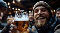 Cheerful bearded Caucasian man in winter hat and jacket holding glass of beer at outdoor gathering with bokeh lights and crowd in background.