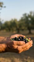 Farmer's hands holding freshly harvested olives with orchard trees blurred in background, agricultural harvest and farming concept.
