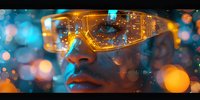 Futuristic smart glasses with holographic display on young African American person in neon cyberpunk style setting with bokeh lights creating atmospheric urban night ambiance.
