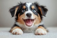 Adorable Australian Shepherd puppy with heterochromia eyes showing excited expression with open mouth and paws on white surface against neutral background.