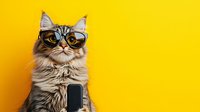 Stylish long-haired cat wearing sunglasses holds smartphone against vibrant yellow background. Humorous pet social media concept for modern digital lifestyle.