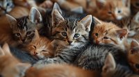 Group of adorable mixed breed kittens huddled together, showing different fur colors and patterns. Close up view captures their expressive eyes and alert expressions.