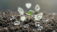 Young seedling sprouting from soil with glowing neon icons of leaves, water droplet and heart symbolizing eco-friendly growth, sustainability and environmental care for green business concepts.