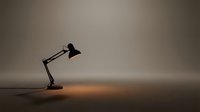Black desk lamp with adjustable arm casting warm light on neutral surface, suitable for office, workspace, and interior design projects.