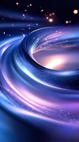Swirling cosmic vortex with glowing blue and purple light streams against dark space background, sparkling particles and bokeh effects create magical atmosphere.