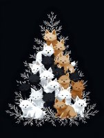 Adorable cats arranged in Christmas tree shape with white branches on black background, featuring white, black and brown kittens in kawaii style. Isolated design.
