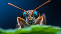 Extreme macro portrait of long-horned beetle face showing detailed compound eyes, antennae and mandibles against dark blue background. Fascinating insect close-up photography.