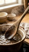 Wooden spoon stirring hot broth in pot with steam rising, kitchen cookware for culinary preparation and home cooking projects.