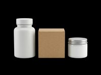 White supplement bottle, kraft box, and cosmetic jar isolated on transparent background. Ready for t-shirt design, stickers, print on demand, and clipart use.