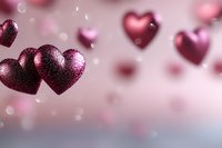 Romantic glittery pink hearts floating in soft focus with bokeh effect background. Dreamy Valentine's Day concept with metallic heart decorations and blurred lights.
