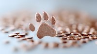 Metallic rose gold dog or cat paw print on blurred glitter background with bokeh effect creates elegant pet-themed design element for creative projects.