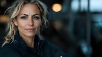 Confident mature blonde woman with natural makeup and wavy hair wearing black jacket smiling at camera against dark blurred background with bokeh lights.