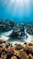Manta ray gliding over vibrant coral reef with tropical fish in crystal clear blue ocean water with sunbeams filtering through surface.