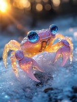Translucent pink crab with glowing blue eyes on sandy beach at sunset, water droplets creating magical sparkle effect in golden hour lighting for nature photography.