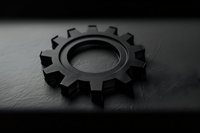 Single black metal gear wheel on dark textured surface with dramatic lighting and shadows creating industrial minimalist composition for engineering concepts.