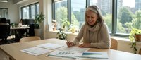 Mature Caucasian businesswoman smiling while reviewing financial documents and charts at modern office desk with city view through large windows.