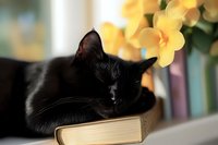 Sleeping black cat resting on old book with yellow daffodils in background, soft focus portrait with shallow depth of field creating dreamy atmosphere.