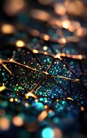 Abstract macro photography of glittering surface with turquoise and golden bokeh lights creating magical festive atmosphere. Artistic background for celebrations.