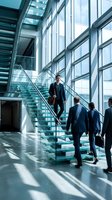 Professional businessmen in suits walking on modern glass staircase in contemporary office building with floor-to-ceiling windows and natural light.