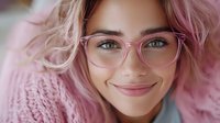 Young woman with pink hair and transparent glasses smiling warmly at camera. Natural makeup, soft pink sweater, gentle expression creates welcoming, friendly mood.