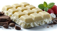 White chocolate bar with creamy filling surrounded by dark chocolate pieces, coffee beans, strawberries, and mint leaves on white background.