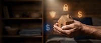 Male hand holding wooden house model with glowing security and financial icons, representing property protection, real estate investment, and home insurance concepts.