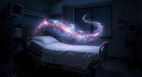 Surreal bedroom scene with glowing cosmic galaxy swirling above hospital bed in dark room creating dreamlike atmosphere for fantasy and science fiction concepts.