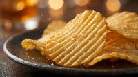 Golden crispy potato chips with ridged texture on dark plate with warm bokeh lights background for snack food advertising and packaging design.