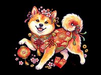 Shiba Inu dog wearing traditional red and gold Chinese clothing with festive decorations, flowers, and lucky coins isolated on transparent background, ready for t-shirts, stickers, and print-on-demand designs.