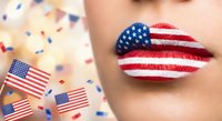 Patriotic makeup with American flag design on lips for Independence Day celebration and national holidays.