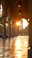 Sunlight streams through classical stone archways creating dramatic shadows and golden reflections on marble floor during magical sunset hour at historic colonnade.