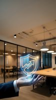Modern office professional holding glowing neon shield with upward arrow symbol, representing data security, business growth, and financial protection in contemporary workplace setting.