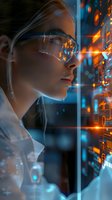 Young female scientist in protective eyewear examining holographic data visualization with glowing orange and blue digital elements in modern laboratory setting.
