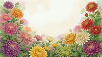 Colorful chrysanthemum flowers frame with vibrant blooms in purple, orange, pink and yellow creating decorative border on textured background for autumn designs.
