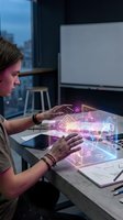 Young professional woman architect using holographic technology interface for smart home design planning in modern office workspace.