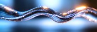 Glowing wavy lines with sparkles and light effects on blue background create dynamic motion and energy flow pattern for technology designs.
