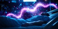 Mystical glowing energy wave floating above sleeping person in bed at night, cosmic purple light trail with particles in dark bedroom atmosphere.