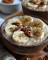 Creamy oatmeal bowl topped with fresh banana slices, crunchy pecans and chia seeds. Healthy breakfast served in rustic ceramic bowl, close up view of morning meal.