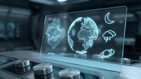 Holographic globe and weather icons displayed on transparent glass panel in modern tech environment, suitable for futuristic technology, meteorology, climate science, and digital innovation concepts.