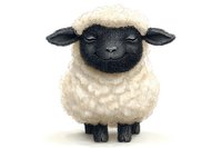 Smiling black-faced sheep with fluffy white wool and closed eyes standing on white background, cute farm animal character for children's book illustrations and greeting cards.