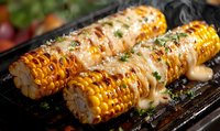 Grilled corn on the cob with melted cheese and herbs on barbecue grill, perfect for summer cookouts and outdoor dining experiences.