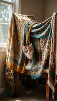 Adorable orange tabby kitten hiding under colorful paisley scarves draped over wooden chair by sunny window creating cozy bohemian home atmosphere.
