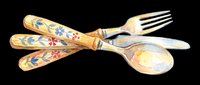 Watercolor cutlery set with floral painted handles, isolated on transparent background. Fork, spoon, and knife clipart for t-shirt design, stickers, print on demand, sublimation.